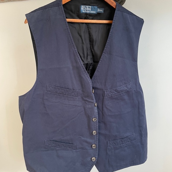 Vintage Polo Ralph Lauren blue label cotton navy button belted work vest Size 2X - Picture 2 of 6